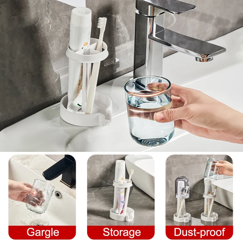 Dustproof Storage Rack para Banheiro, 3-em-1 Toothbrush Holder, Mouthwash Cup Organizer, Ferramenta de Limpeza a Seco, Banheiro Doméstico