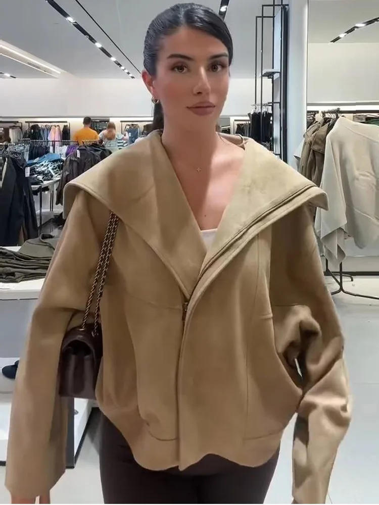 Damen-Wildlederjacken mit Revers, seitlicher Knopfleiste, langen Ärmeln und Reißverschluss, Herbstjacken für Damen, einfarbige, lockere Jacke, modische neue Oberbekleidung. – Detail 15