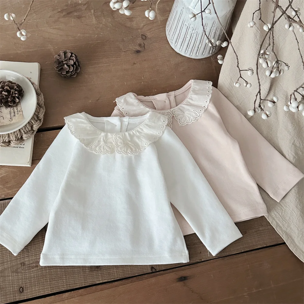 

2025 Spring New Baby Long Sleeve T Shirts Girls Embroidery Lace Peter Pan Collar Bottoming Shirts Infant Toddler Princess Tops