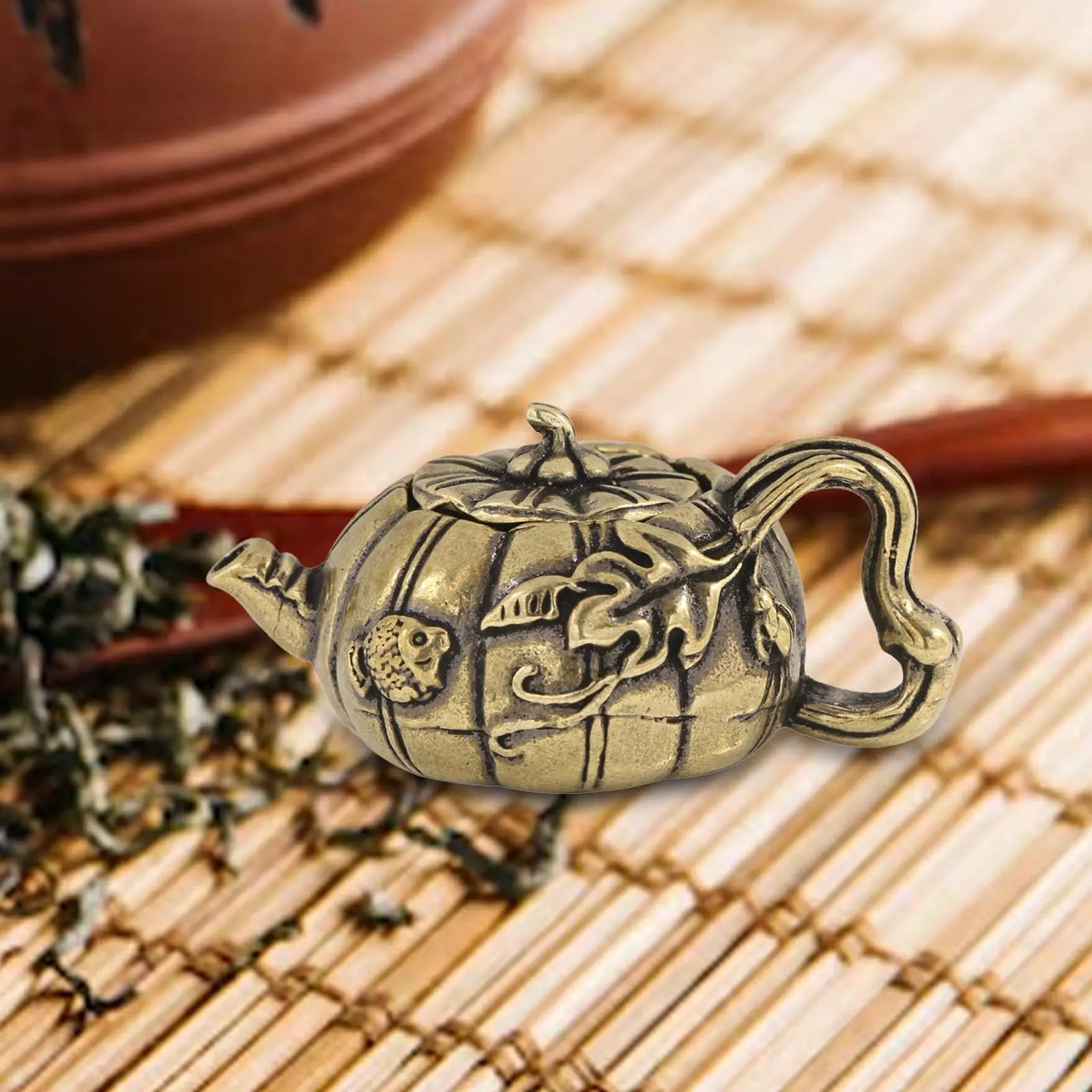 Tea Pot Figurine Brass Ornament Mini Handmade Chinese Style Mini Brass Teapot Tea Pet for Table Office Living Room Furnishing