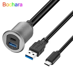 Bochara USB3.0+Type C 3.1 3.0 Male to Female Extension Cable Flush Mount Panel Dashboard  Aluminum Alloy With Indicator
