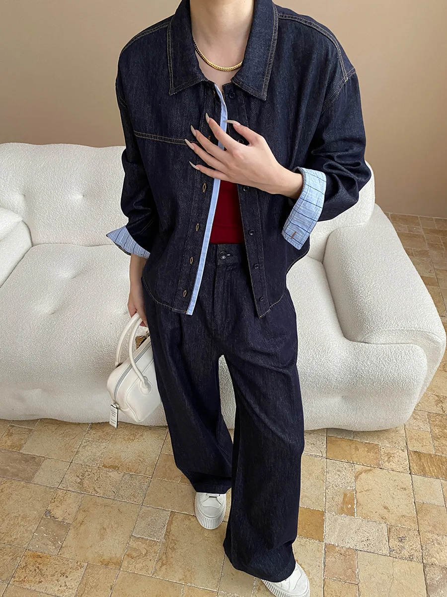 

Flip collar long sleeved denim shirt+high waisted loose wide leg pants two-piece set