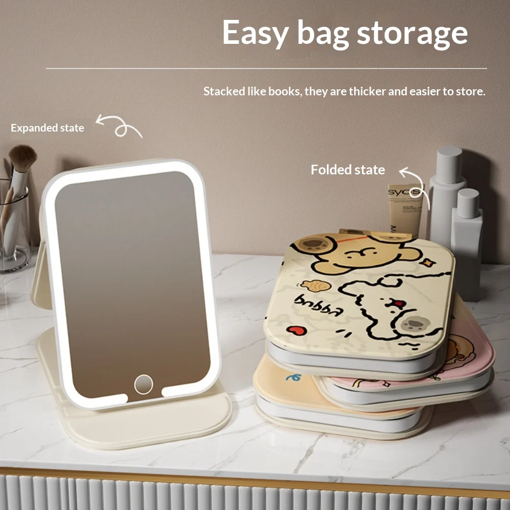 Cute Cartoon Printed Desktop Makeup Mirror Foldable Portable Tabletop Vanity Mirror Flip Cover for Student Dormitory Office