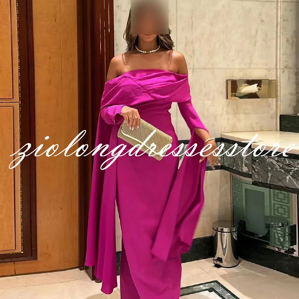 Elegant Evening Dress Purple Straight Boat Neck Floor Length Boat Neck Off the Shoulder Jersey Long Sleeves Pleats Saudi Arabia