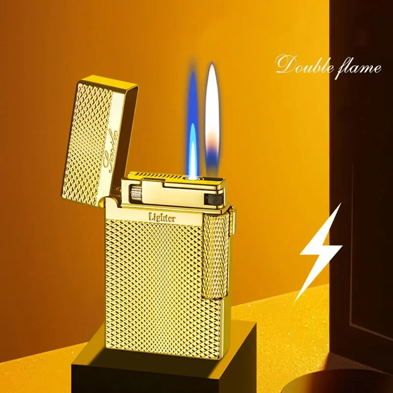 Creative Double Fire Lighter Metal Windproof Straight Jet Flame Gas Refill Lighter Gradient Torch Smoking Accessories for Men