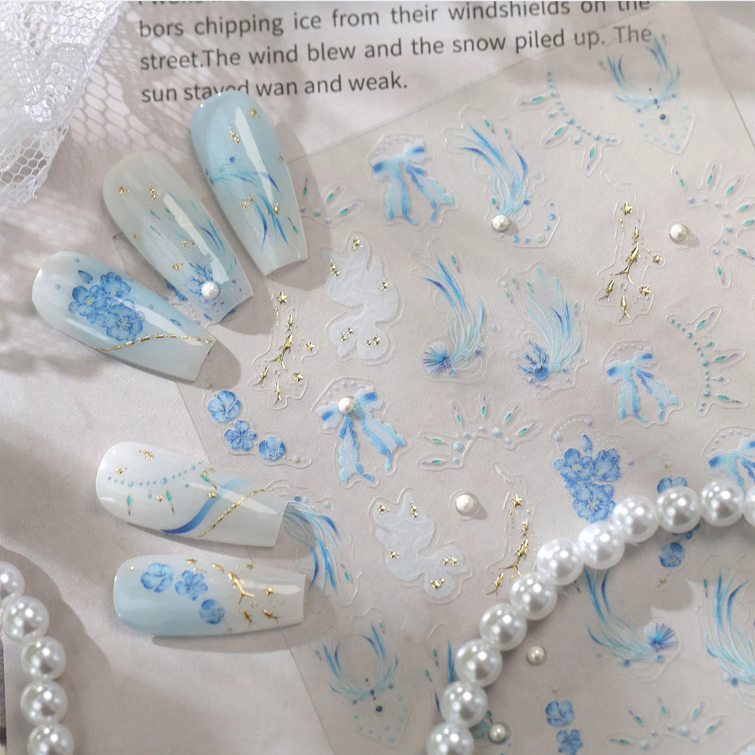 5D Ombre Blue Feather Hydrangea Twisted Vine Ribbon Bow Pearl Outline Line Nail Stickers Oriental Floral Nail Decals Manicure