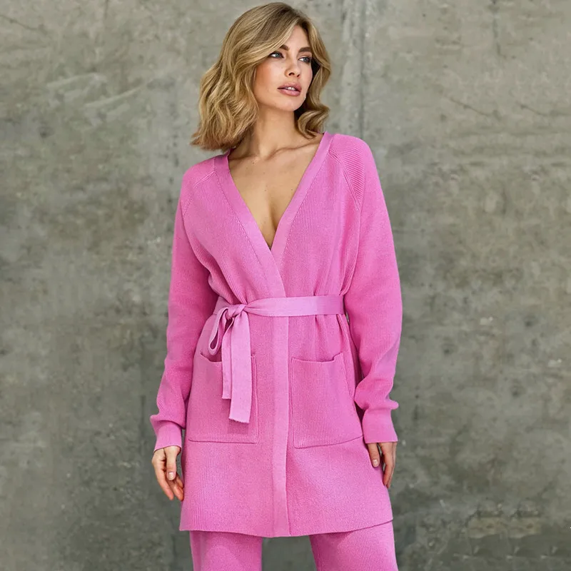 

Sexy Tracksuit Sleepwear Women Two Piece Set Casual Loungewear Knit 2 Piece Sets with Blet Winter Knitted Cardigans Pants Suit