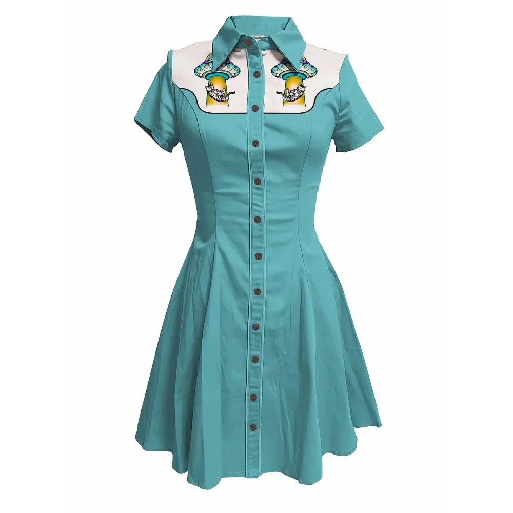 Space Rocket en regenboogprint dames westerse cowboyjurk korte mouw button-down 100% katoenen jurk Ufo zomer streetwear