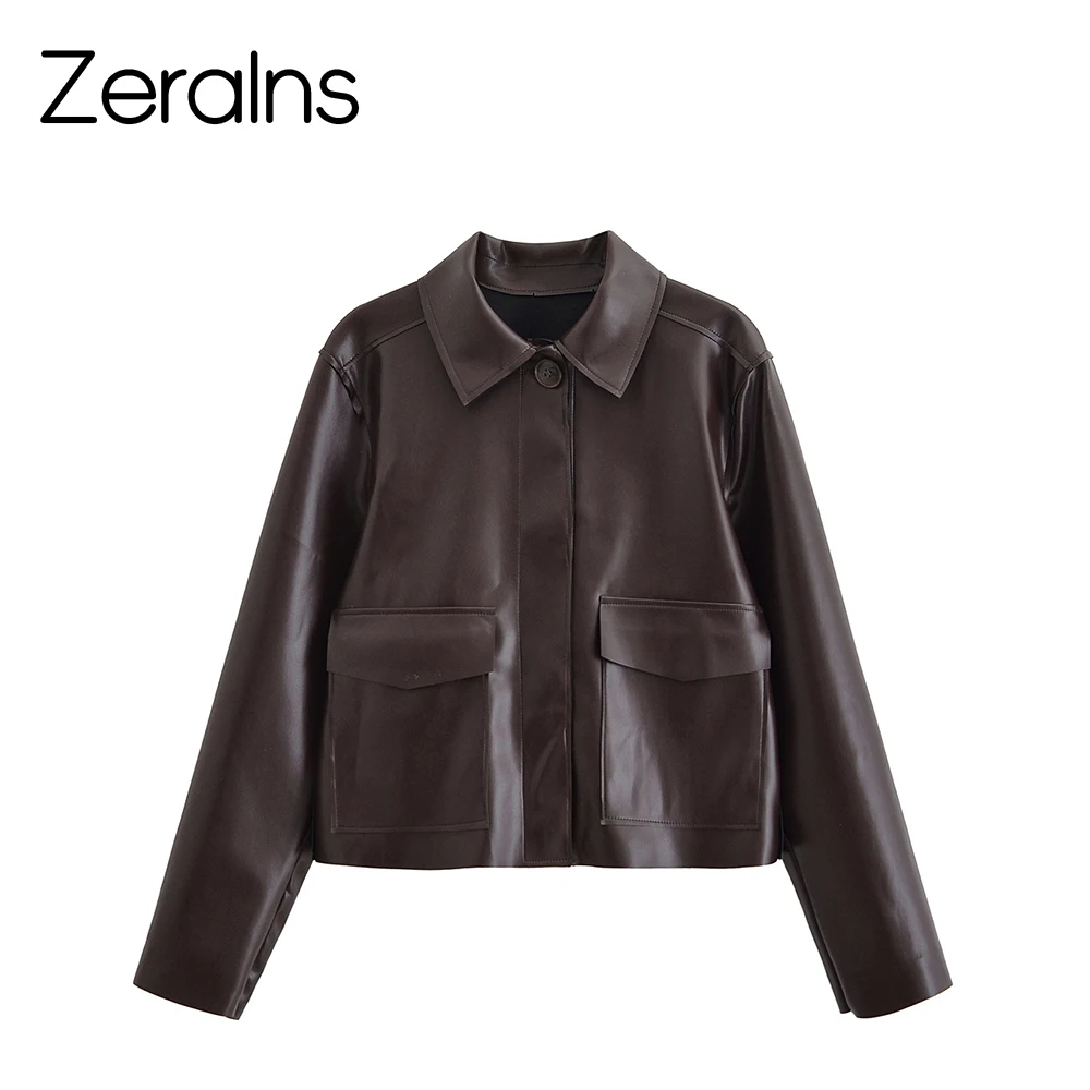 

ZERAINS 2025 Autumn New Product Women's Wear High end Retro Collar Loose Imitation Leather Short Jacket Coat Leather Jacket