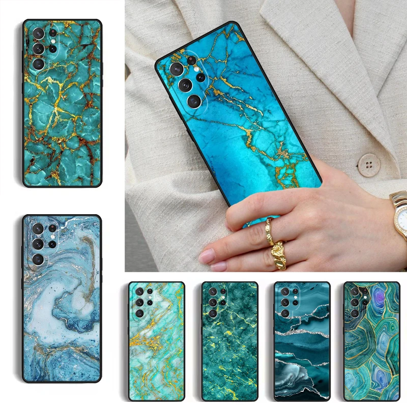 Teal Blue Gold Agate Marble Phone Case for Samsung Galaxy S26 S25 Ultra S24 S23 S22 S21 Plus Note 10 Bumper Cover
