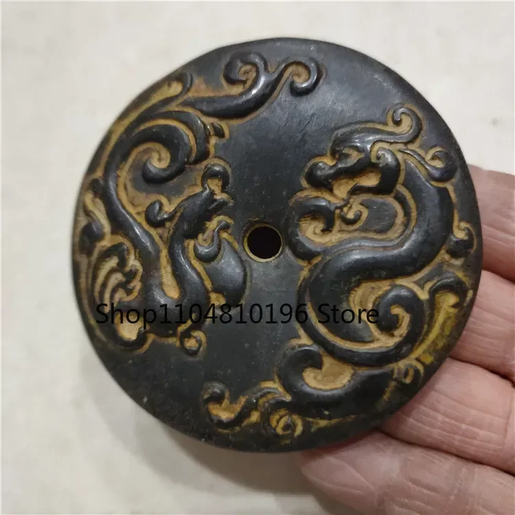 Hongshan Culture Archaize Black Iron Meteorite Dragon Phoenix Peace Buckle Statue