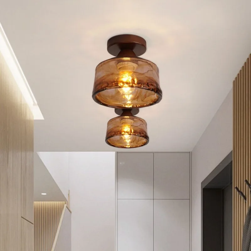 

Medieval Style Walnut Color Ceiling Light Retro Wind Atmosphere Corridor Aisle Light Entrance Geometry Glass Balcony Lamp