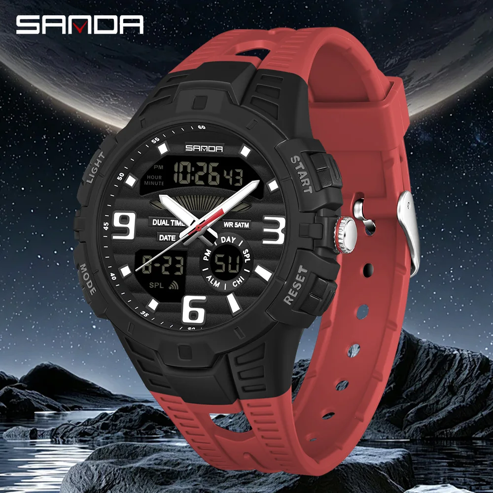 SANDA New 3506 Fashionable Men's Watch Fashionable Men's Electronic Watch Sport Multi functional Waterproof Large Dial