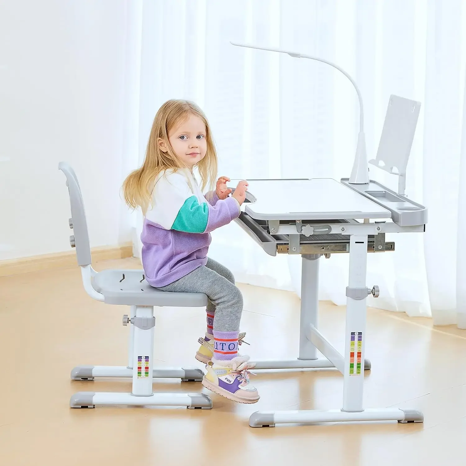 Kids Functional Desk and Chair Set, Ergonomic Height Adjustable Children School Study Desk with Tilt Desktop, Book Stand, LED Li