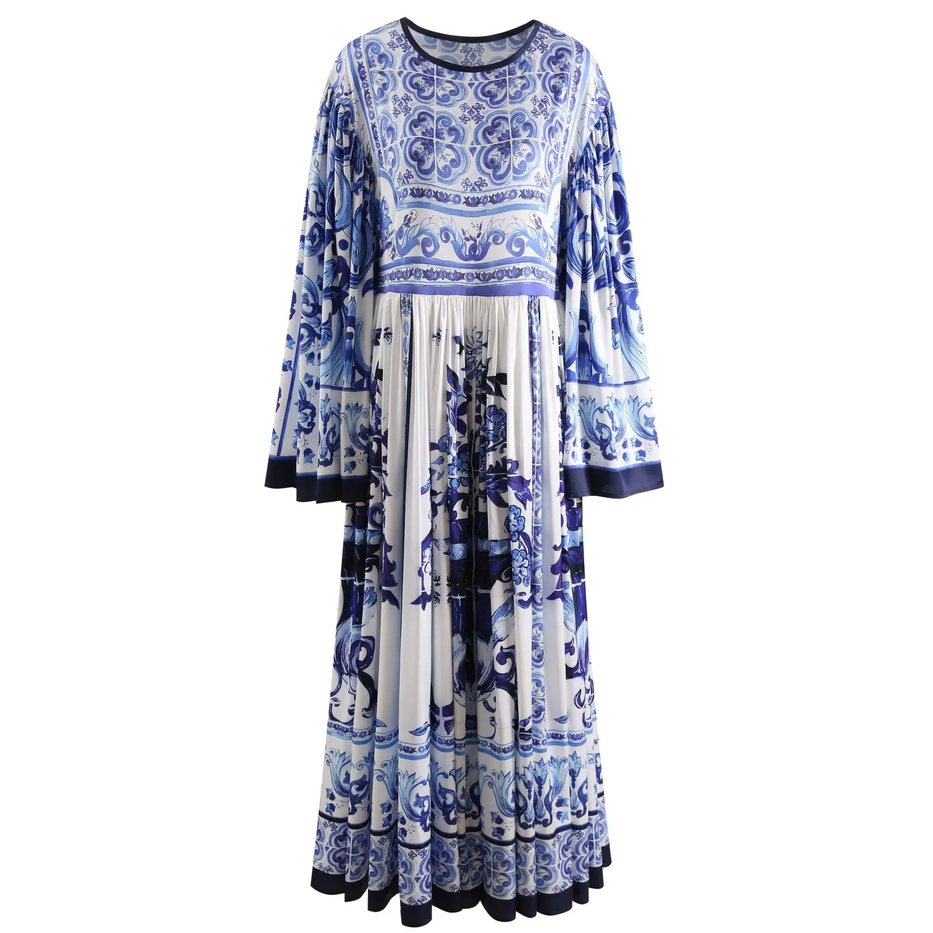 HIGH QUALITY  Luxury Designer  Women Blue Porcelian Print Chiffon Loose Maxi Dress Flare Sleeve Elegant For Party Holiday 2023