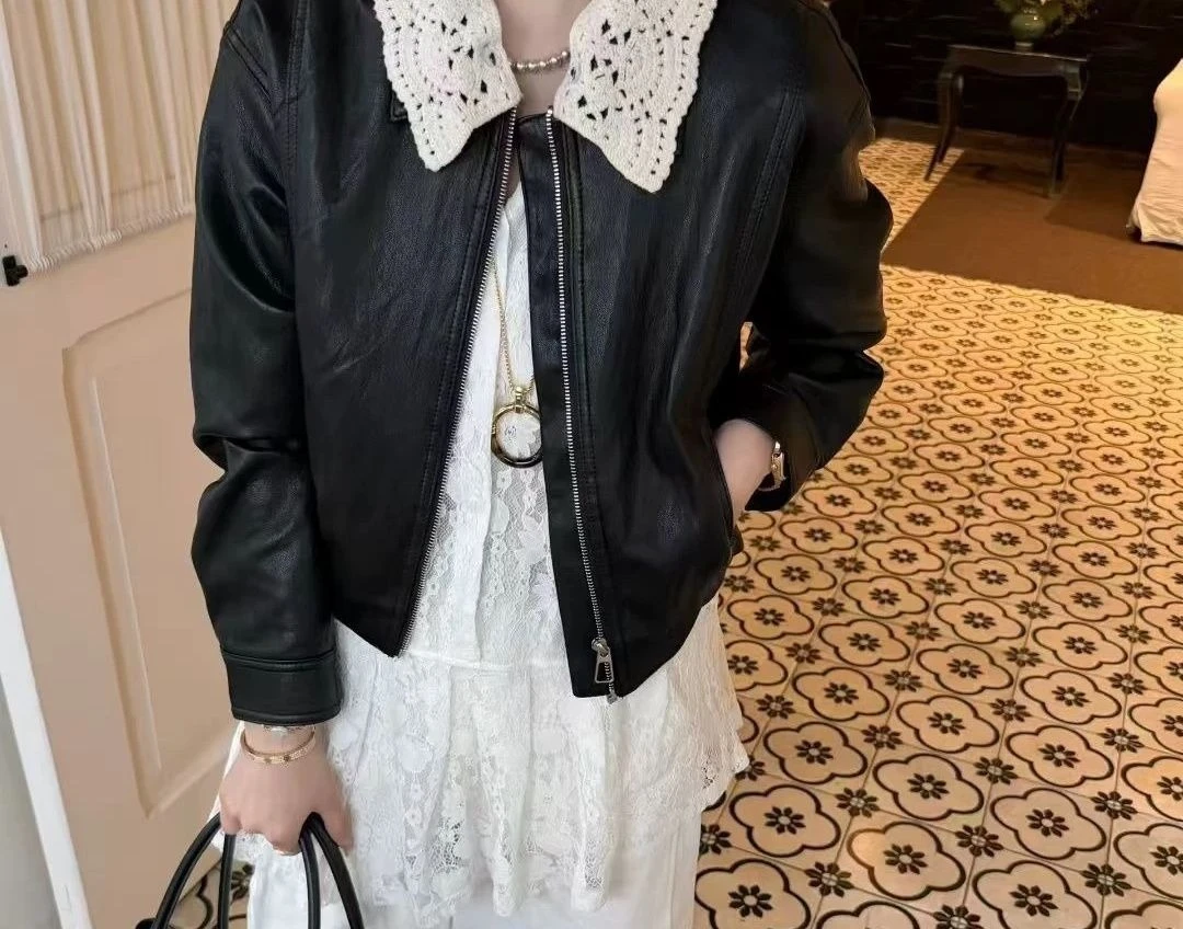 

Lace and Lace Patchwork Lapel Leather Jacket Short Coat for Women 2026 Spring Jacket Top