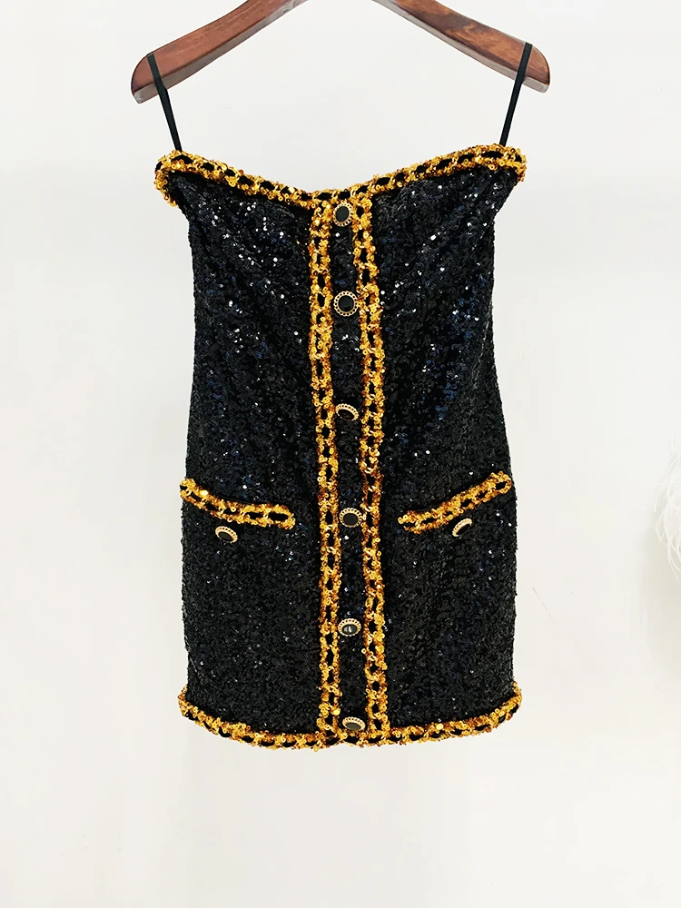 HIGH STREET Newest 2024  Designer Runway Fashion Women\'s Gold Chains Sequined Strapless Sheath Tube Dress