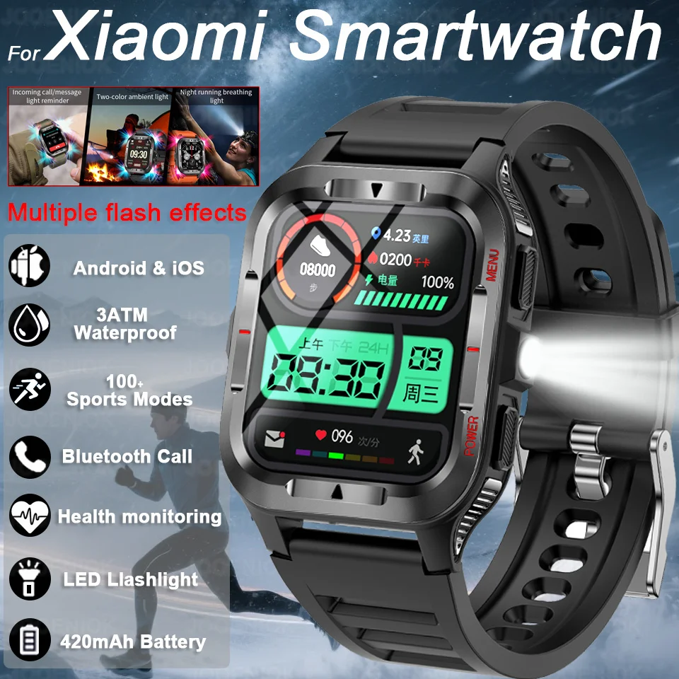 

New Military Outdoor Smart Watch Men 1.83-inch Large Display LED Flashlight Health Monitoring IP68 Waterproof BT Call Smartwatch