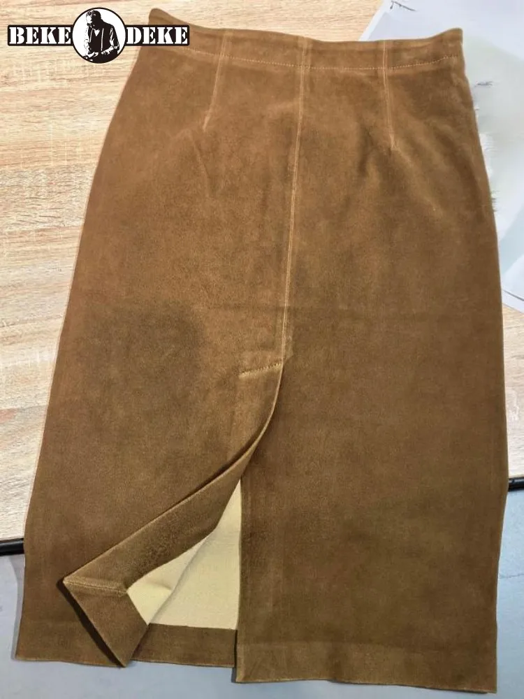 Concise Style Female Solid Color High Waist Handmade Genuine Leather Skirts Fashion Slim Zipper Sheepskin Knee Length Skirt