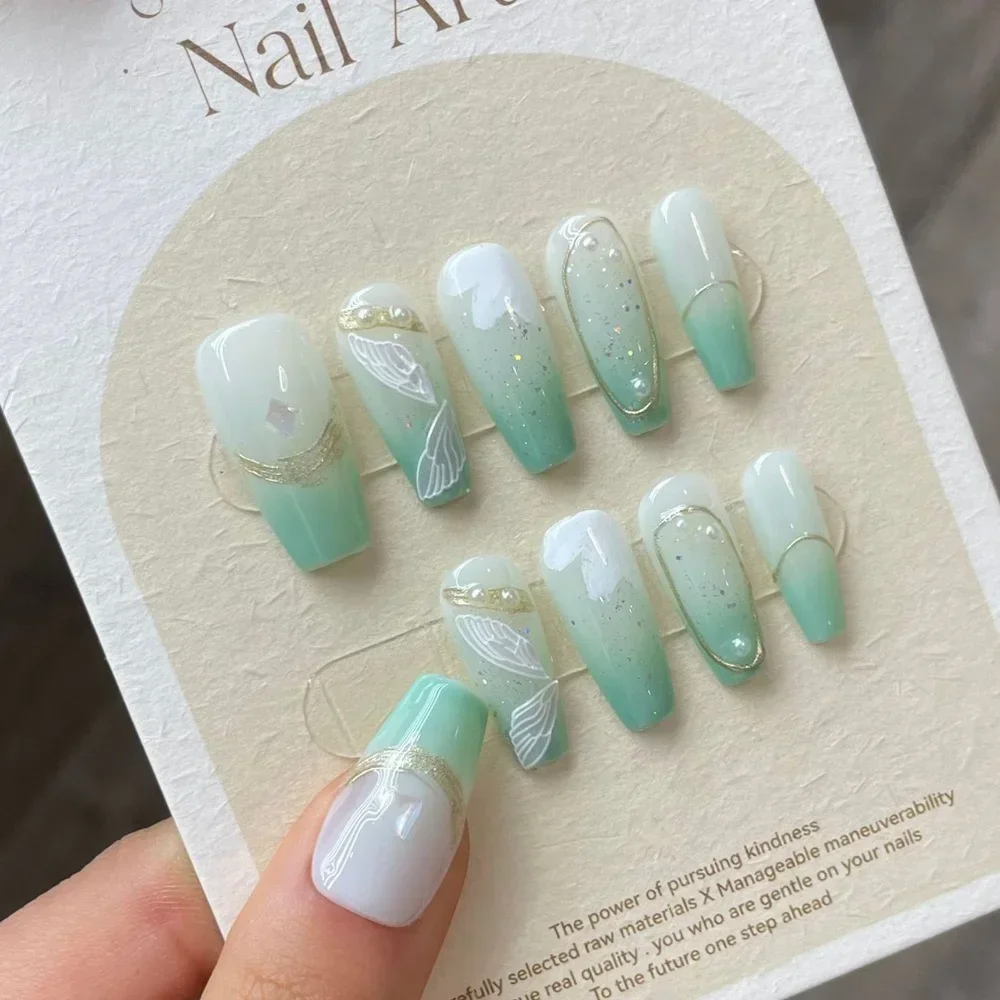 

Handmade Green Korean Press on Nails with Design Reusabale Adhesive False Nails Artifical Carylic Nail Tips Nail Art for Girls