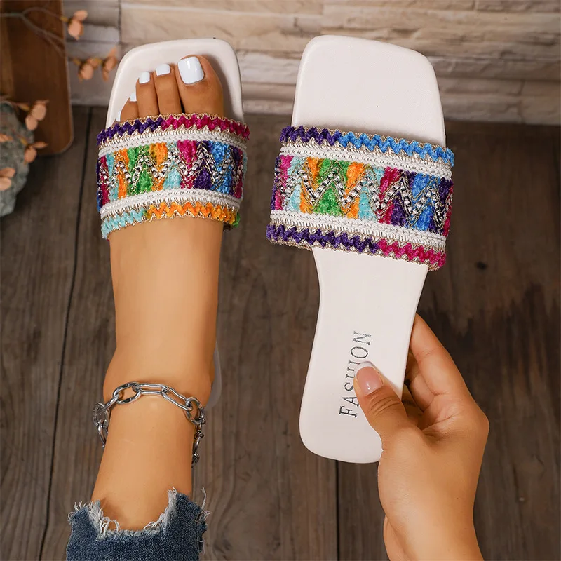 

Vintage Woven One-Piece Slippers for Women Summer Flat-Heeled Open-Toe Anti-Slip Ethnic Style Sandals Fashionable Outer Wear
