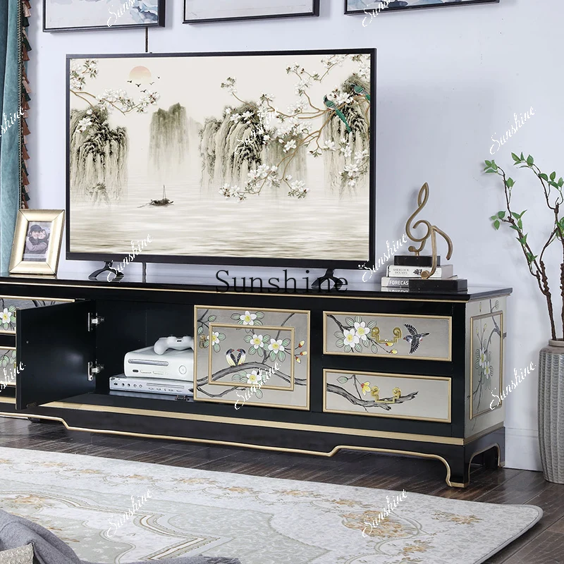 

Small apartment living room solid wood paint furniture painted begonia flower and bird coffee table TV cabinet combination FT