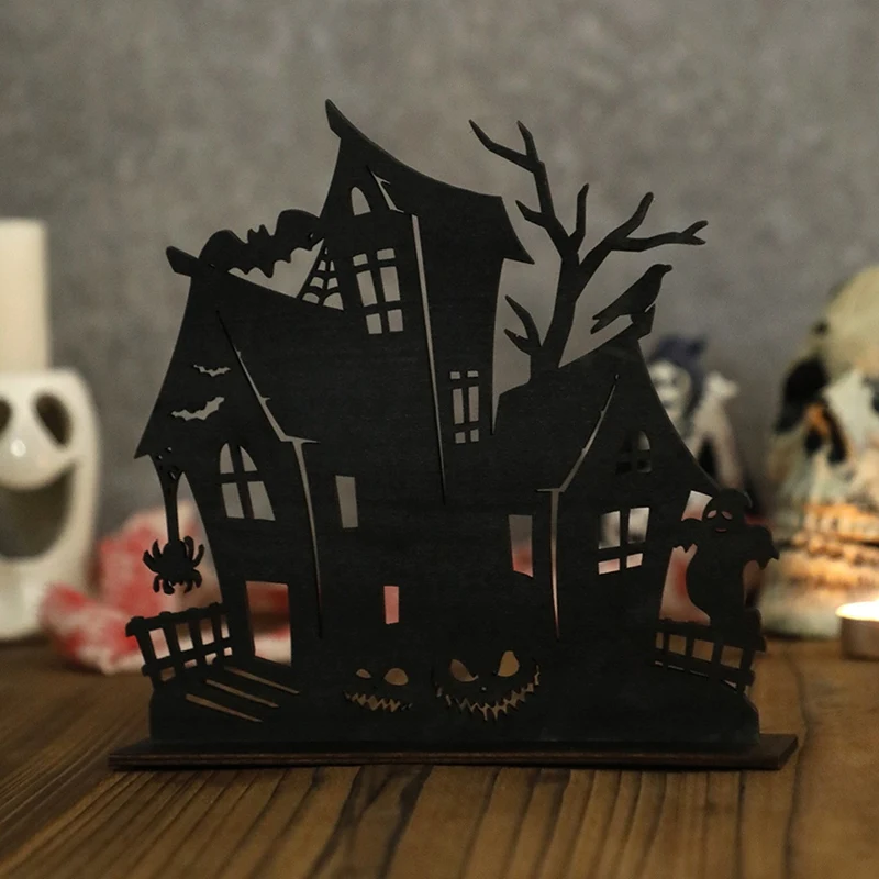 Adornos de madera para Halloween, silueta de madera, boceto, Casa Encantada, decoración de escritorio, tema de Halloween
