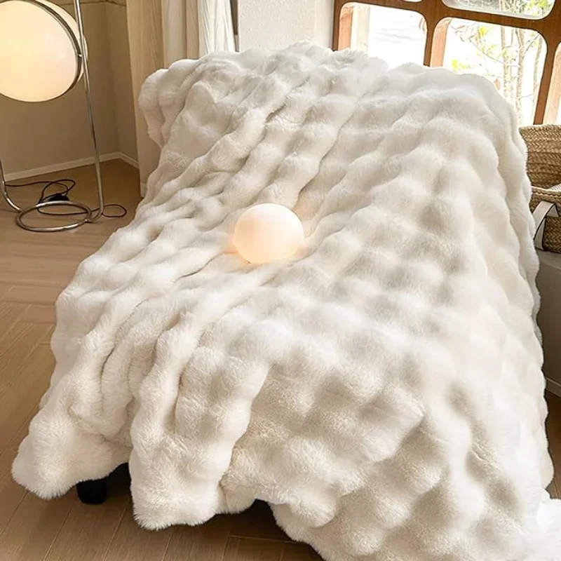 Bubble Faux Fur Blanket for Sofa Living Room Winter Warm Fluffy Plush Throw Blanket Luxury Couch Cover Pillowcase Christmas Gift