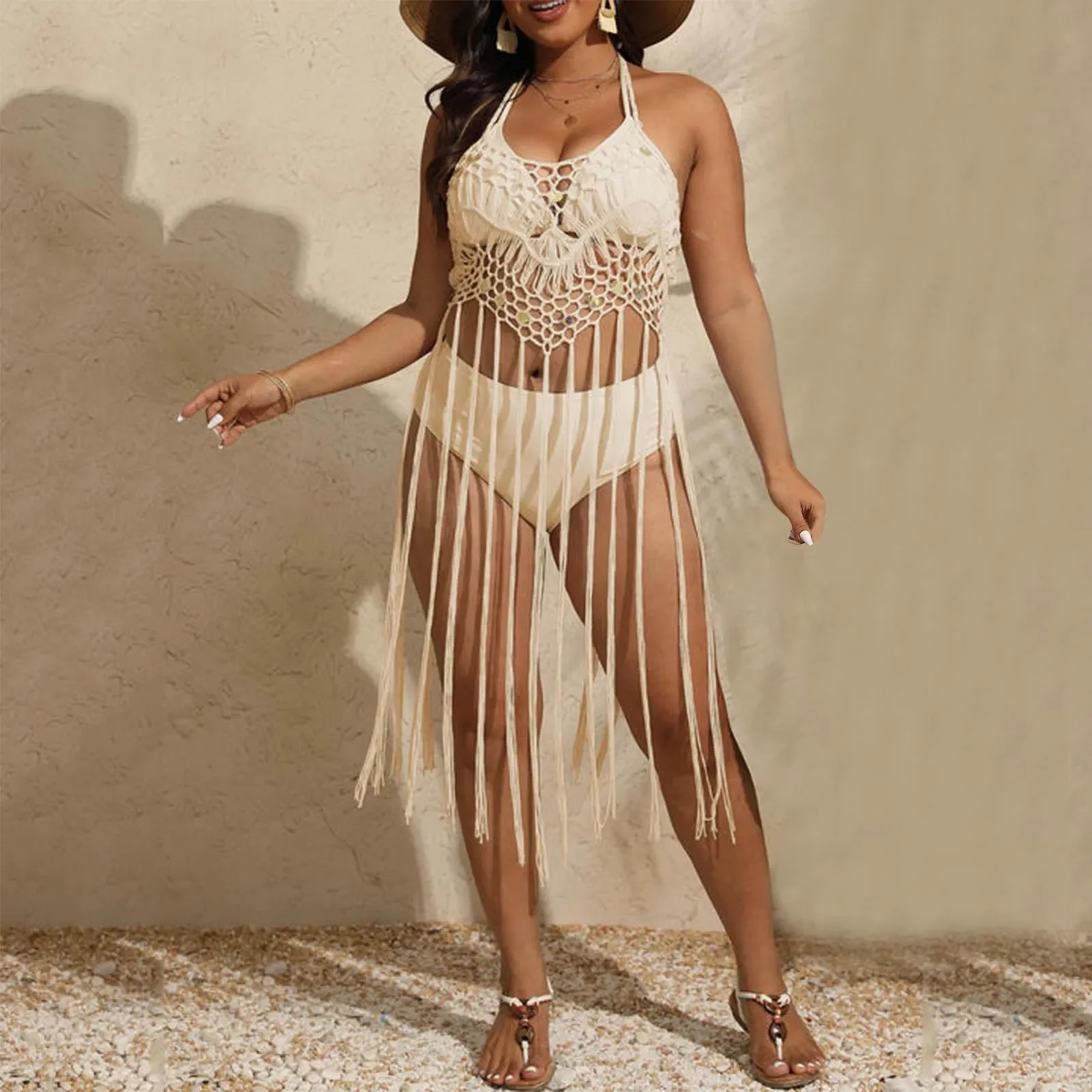 Women'S Oversive Cover Up Swimsuit Fringe Tassel Knitted Crochet High Split Pure Color Halter Swimwear Elegant Woman Dress