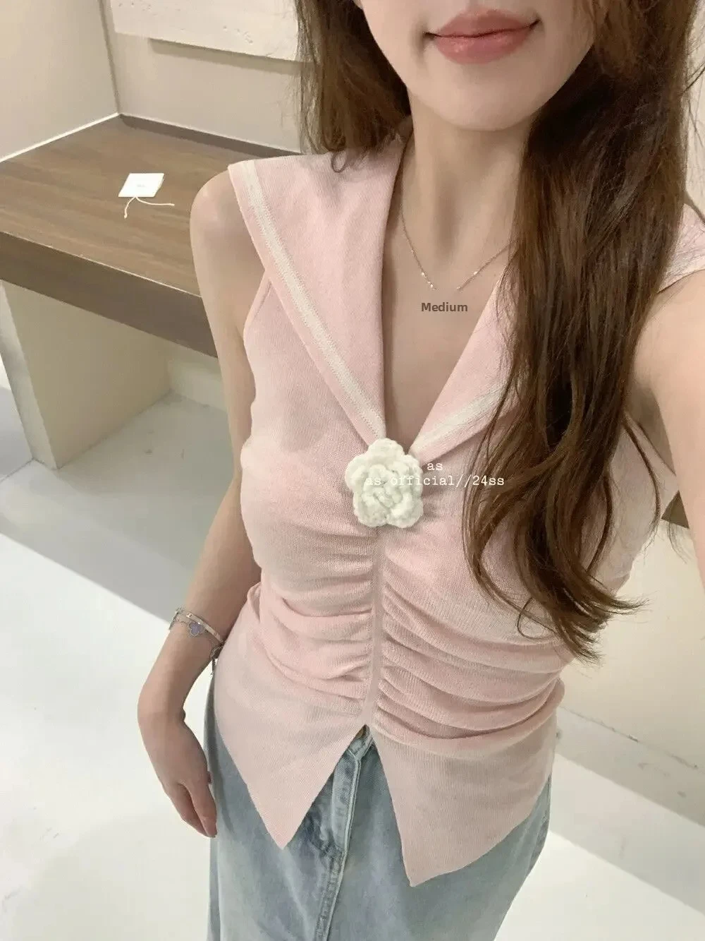 

Sweet And Spicy Navy Collar Sleeveless Shirt Waist Cinching Strap Top for Younger Looking V-neck Chinese Brand Women's T-shirt