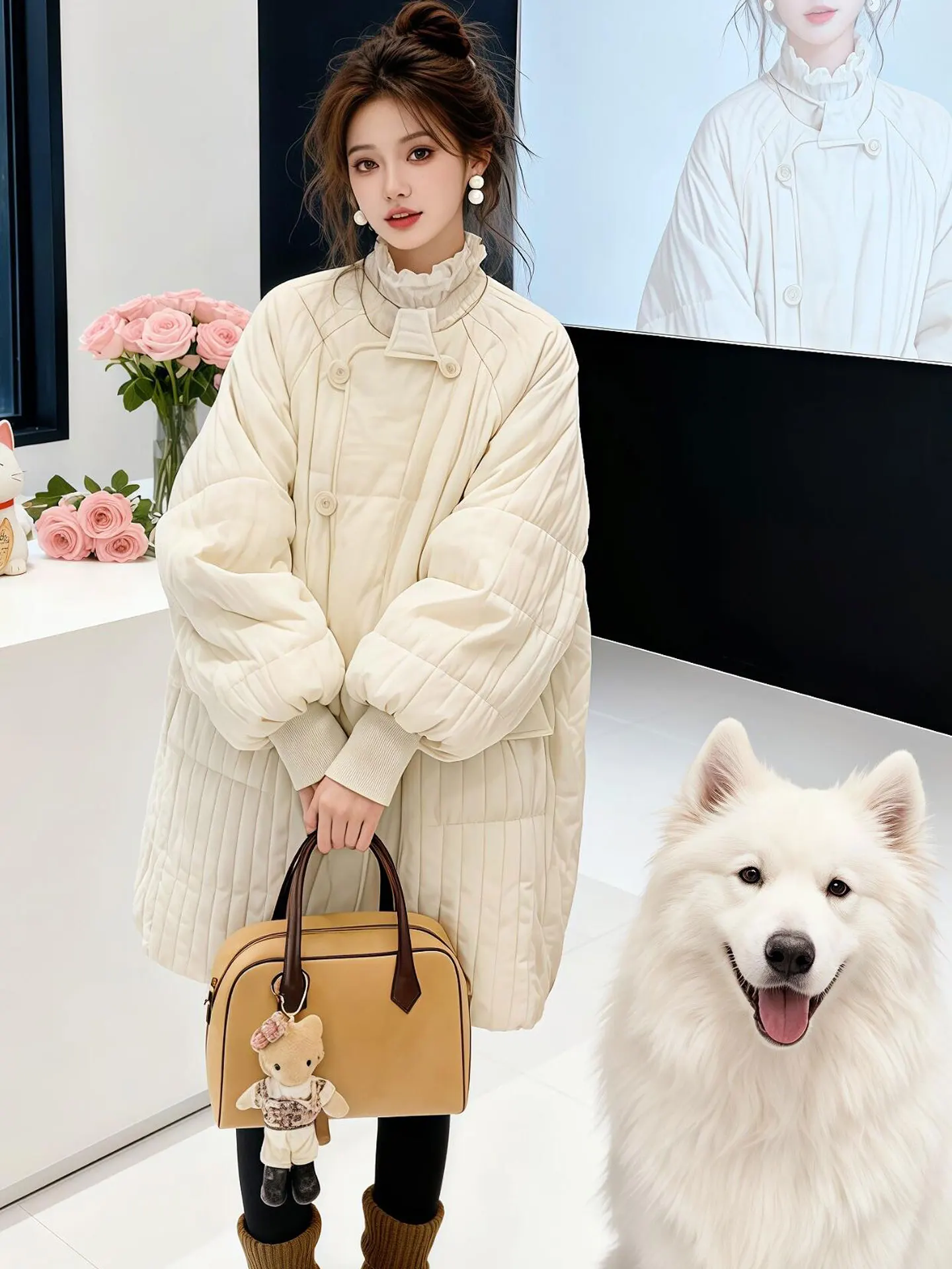 

Design Stand Collar Pure Color down Cotton Jaet Women Winter New Sle High Sensation Loose Thi Diamond Pattern Coat