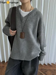 HanOrange 2024 Autunno Inverno Semplice Pigro di Lana Con Scollo A V Maglione Delle Donne Allentato Silhouette di Spessore Pullover Top Grigio/Blu Navy