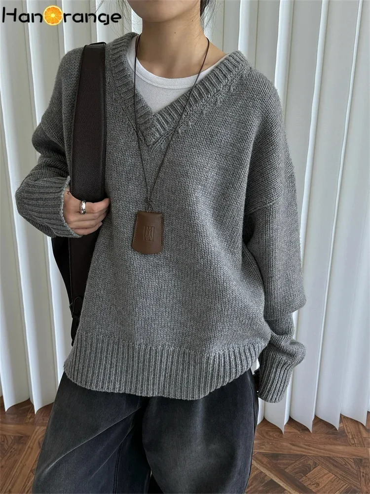 HanOrange 2024 Autumn Winter Simple Lazy Wool V-neck Sweater Women Loose Silhouette Thick Pullover Top Grey/Navy Blue