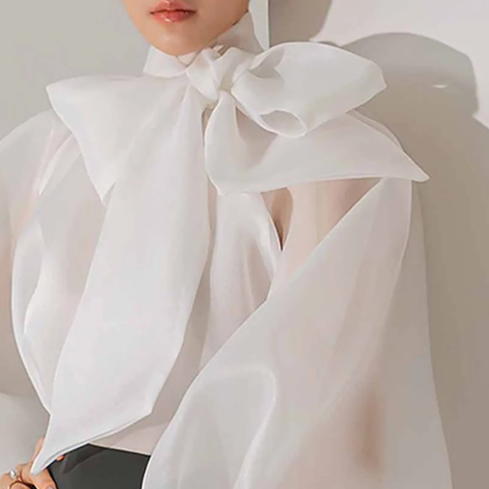 

Элегантная женская блузка из шифона и сетки с белым бантом на воротнике, пышными рукавами, модная офисная рубашка в стиле Харадзюку, темпераментная блузка
