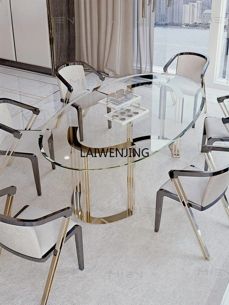 Light luxury transparent glass oval dining table Hong Kong style household stainless steel oval conference table