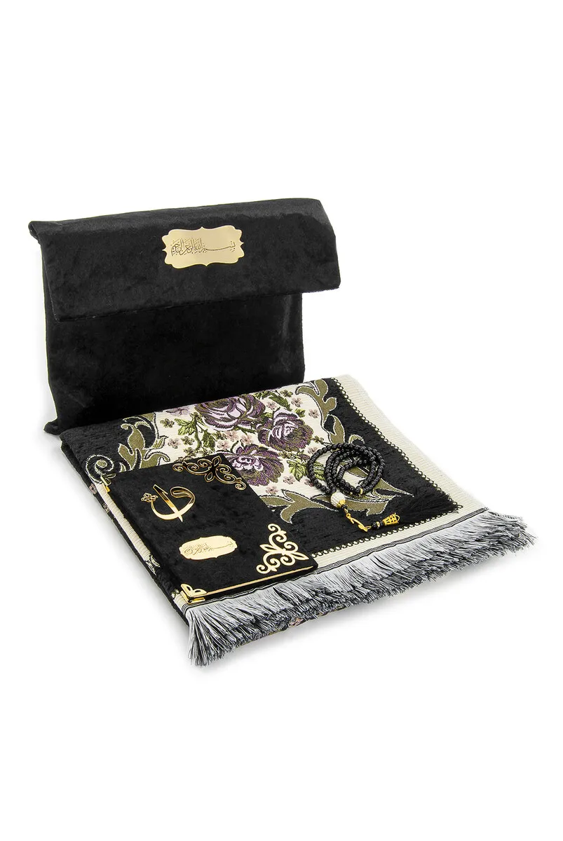 IQRAH Kadife Marsupials Luxury Prayer Rug Set-Black Color