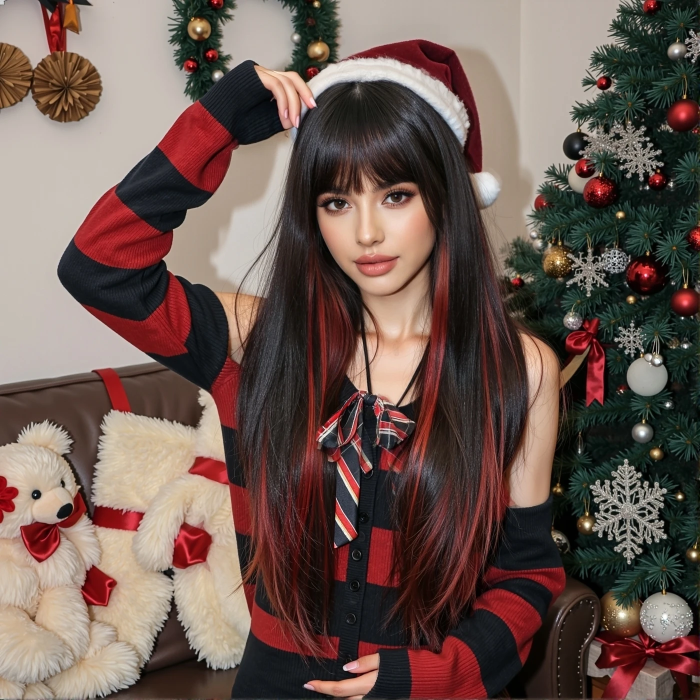 

Рождественские черные, красные многослойные синтетические парики с челкой, длинный прямой парик для женщин, косплей, натуральный, повседневный, термостойкий