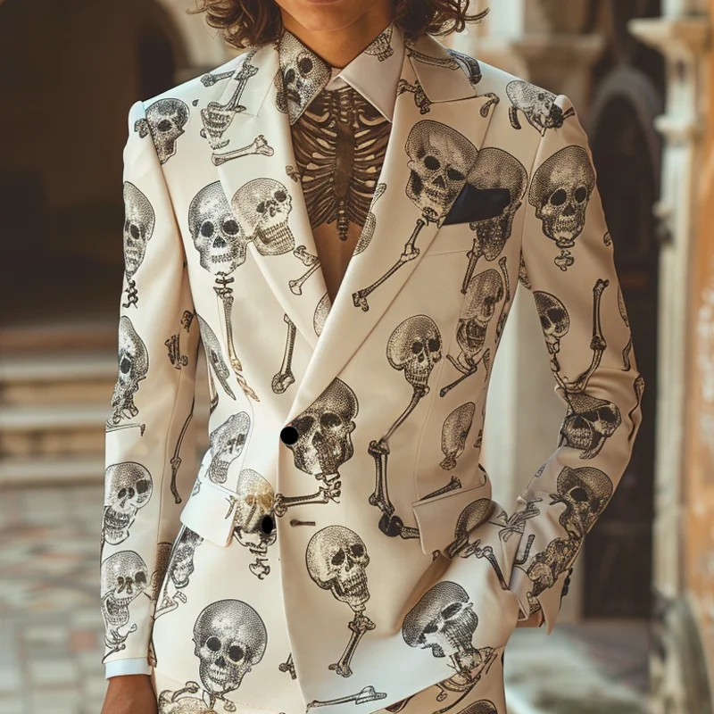 (Jacket+Pants) Halloween Party Skull Cosplay Men's Suit 2 Slim Fit Flip Collar Stage Nightclub Wedding Cool Performance Suit