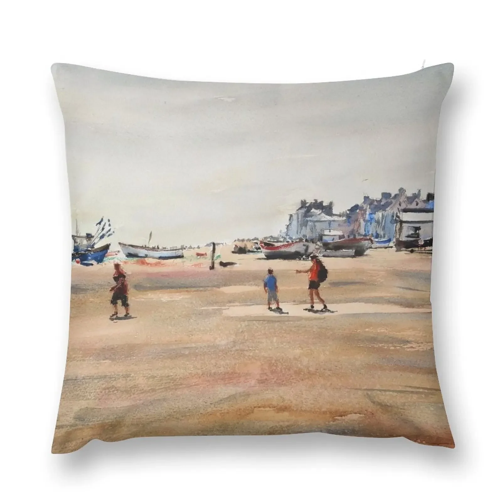 

Aldeburgh beach painting, Watercolour landscape, British coast, English seaside town wall art, Suffolk coast wall d Throw Pillow