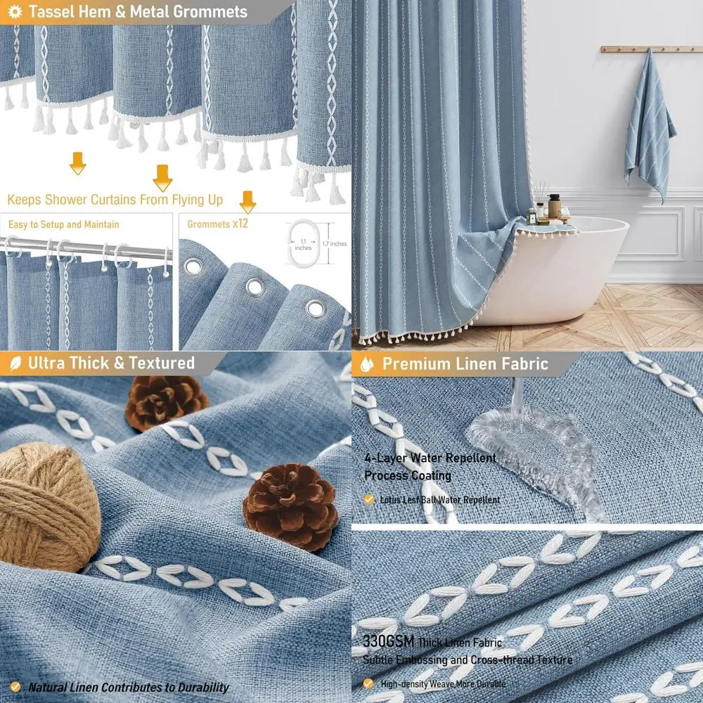مجموعة ستائر دش كبيرة من الكتان بشرابة بوهو مقاس 72 × 84 مع خطافات، ديكور مزرعة حديث، أزرق #1