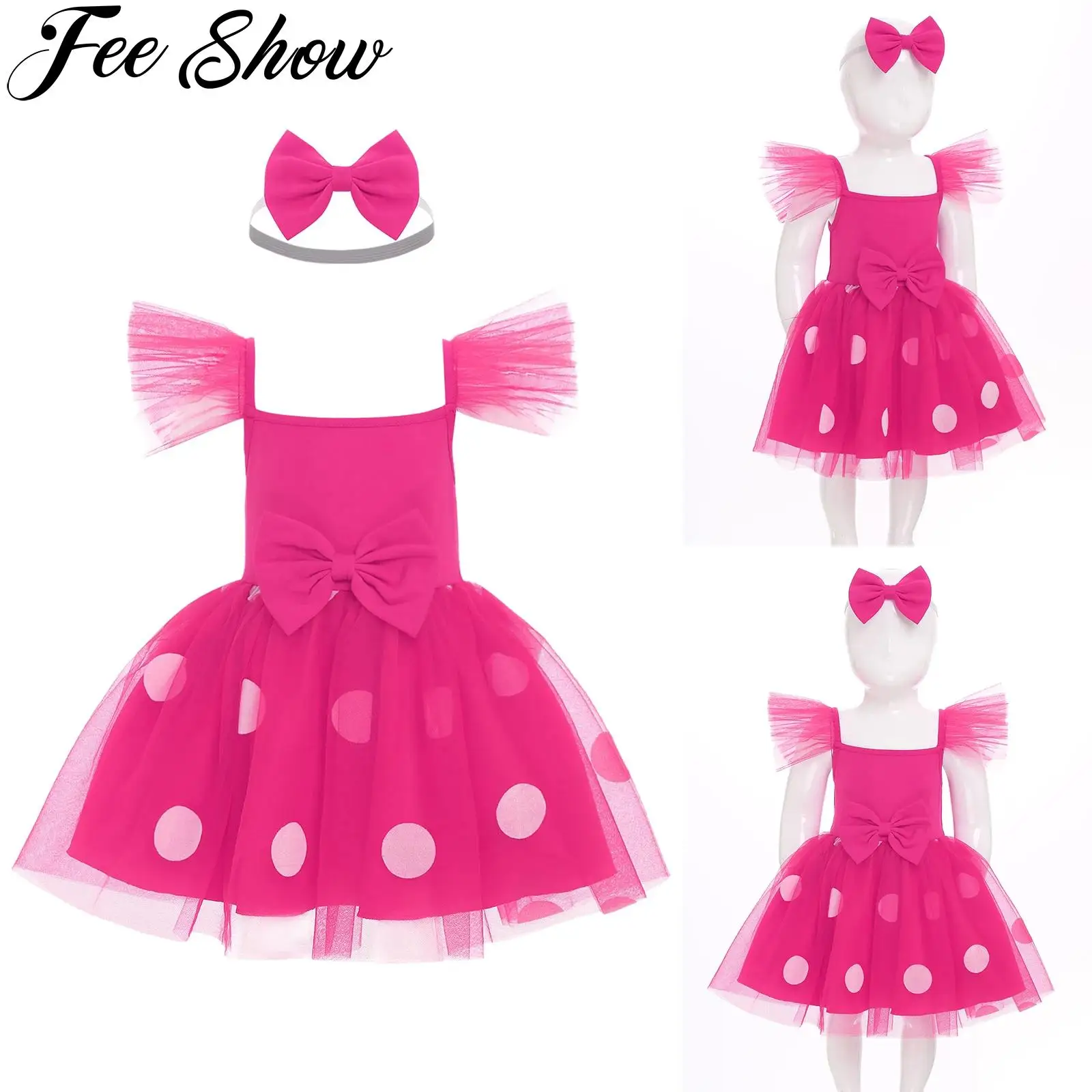 

Little Baby Girls Sweet Princess Dress Fly Sleeves Polka Dot Mesh Dresses with Headband Pageant Birthday Party Summer Outfits