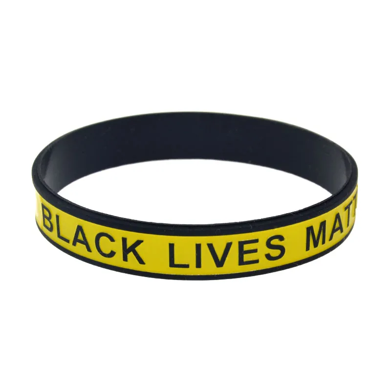 1 Stück schwarzes Armband mit dem Aufdruck „Black Lives Matter“ und einer silikonartigen Gummibandverstärkung, BLM-Armband, schwarz und gelb. – Detail 3