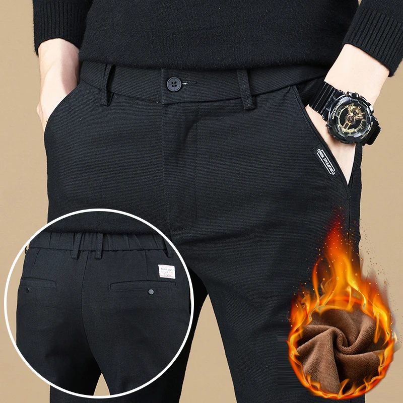 

Mens Stretch Fleece Casual Pants Korean Thick Straight Slim Fit Warm Trousers Winter Business Soft Thermal Velvet Pants Clothing