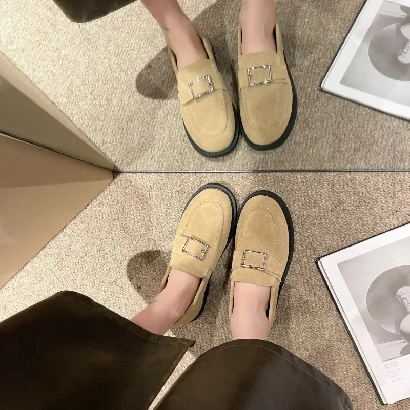 Suede Woman Loafers Belt Buckle Round Toe Vintage Flat Shoes Comfortable Slip on Single Shoes Casual Soft Sole Leather Shoes