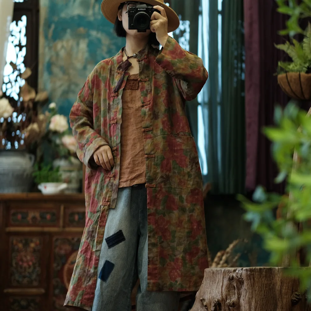 Johnature Vintage Floral Ramie Shirts for Women