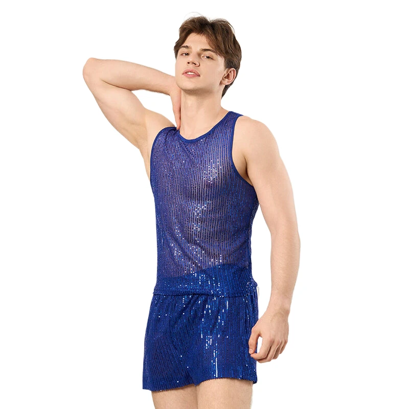 Herren-Set 2-teiliges Outfit Ärmelloses Tanktop Shorts Funkelndes Nachtclub-Musikfestival Strand-Rave-Party Bühnenkostüm – Detail 6