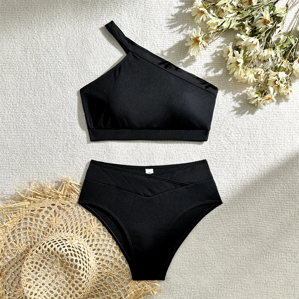 Sexy One Shoulder Bandage Bikini High Waist Swimsuit Vacation Swimwear Woman Korean Black Y2K Bikinis Set Beachwear Bathing Suit