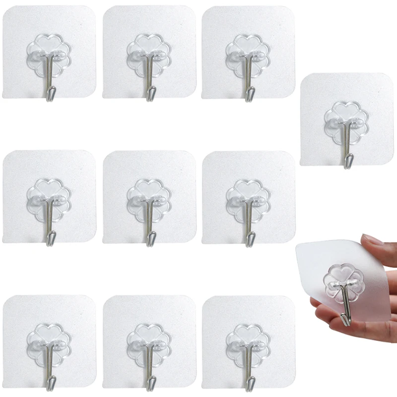 

10Pcs Multi-Function Hooks Transparent Stainless Steel Strong Self Adhesive Hooks Key Storage Hanger for Kitchen Bathroom Door