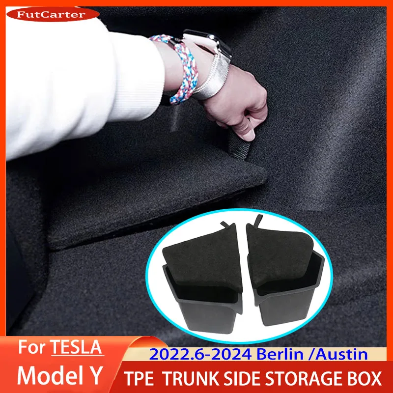 Trunk Side Storage Bins For Tesla Model Y-Berlin/Austin 2022-2024 Cargo Compartment Organizer Bucket TPE Box & Carpet Lids