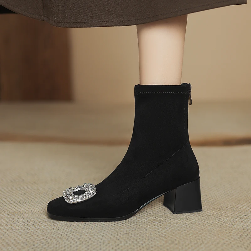 Woman Sock Ankle Boots Fashion Elegant Rhinestone Shoes Autumn Winter High Heels Back Zipper Women's Flock Stretch Short Booties